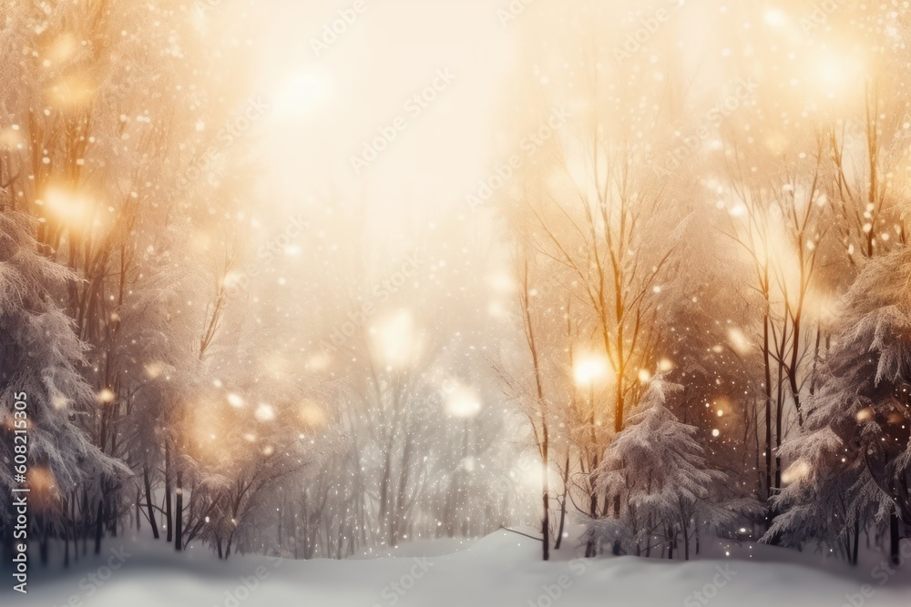 Abstract magic winter landscape with snow and golden bokeh lights, Generative ai