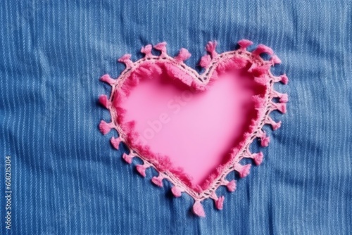 Pink heart shape torn from blue denim jeans fabric with copy space. Generative AI