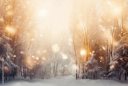 Abstract magic winter landscape with snow and golden bokeh lights, Generative ai © Marius