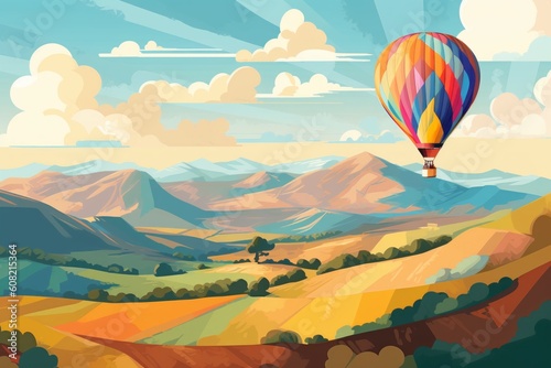 Charming vector of a hot air balloon flying above the field. Beautiful illustration picture. Generative AI