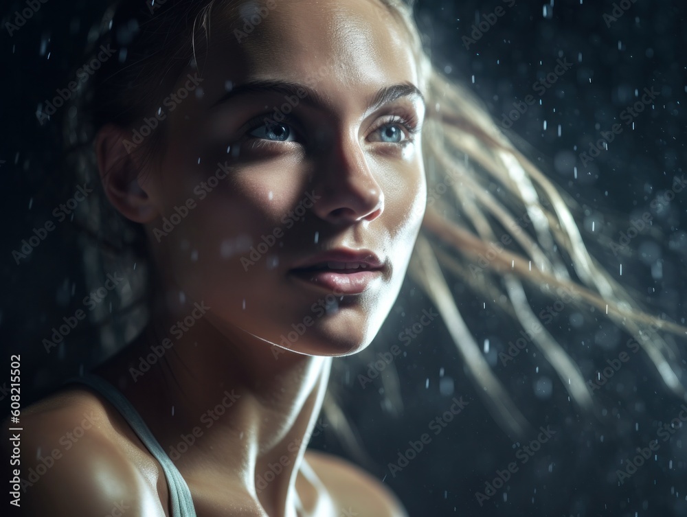 portrait of a beautiful young woman after doing intense physical exercise / sports, generative ai