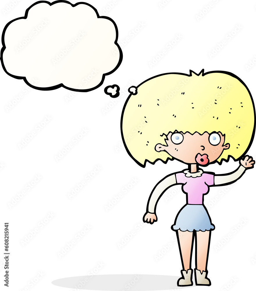 cartoon woman waving with thought bubble