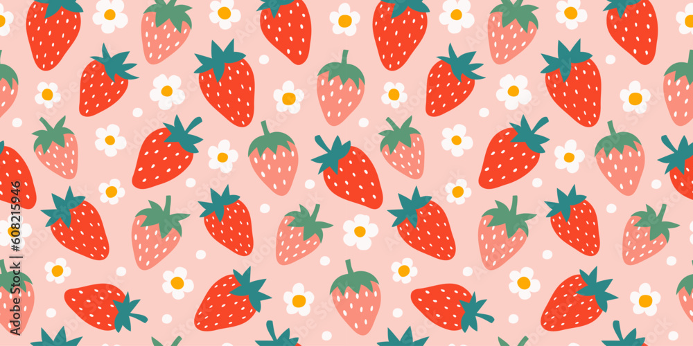 Strawberry and flowers hand drawn seamless pattern. Cute summer background for fabrics, decorative paper. Textile print for kids. Vector cartoon illustration. Strawberry and flowers hand drawn seamless pattern. Cute summer background for fabrics, decorative paper. Textile print for kids. Vector cartoon illustration.