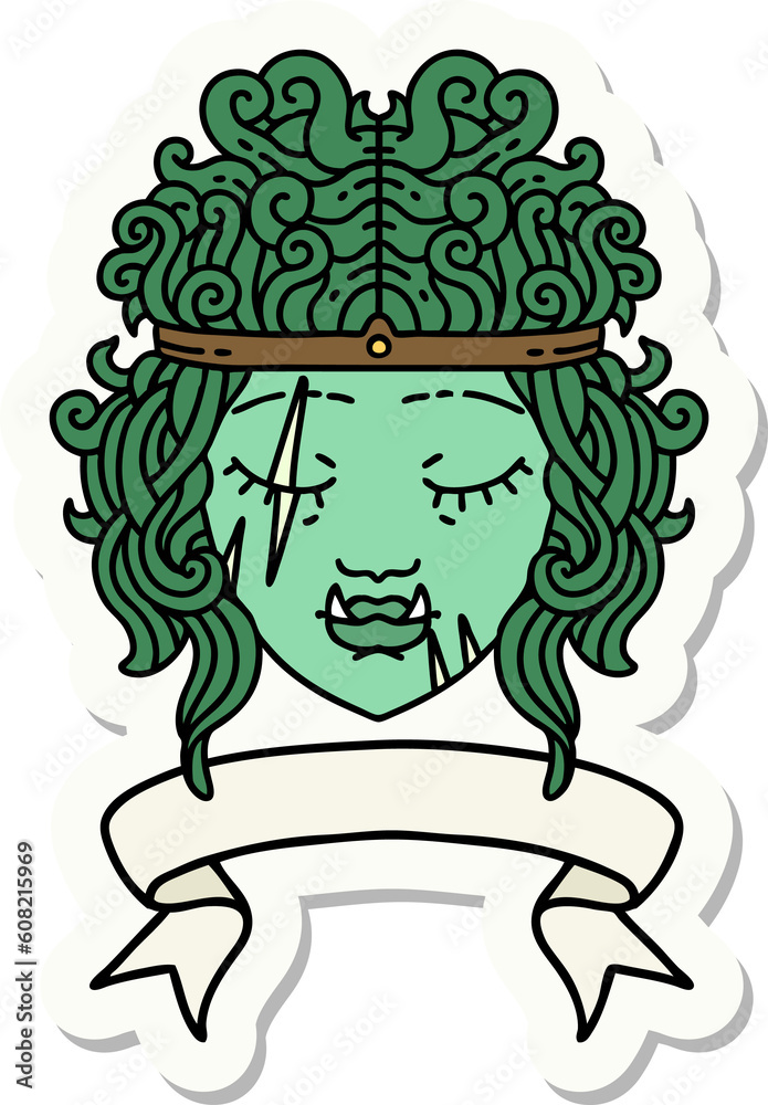 sticker of a orc barbarian character face with banner sticker of a orc barbarian character face with banner