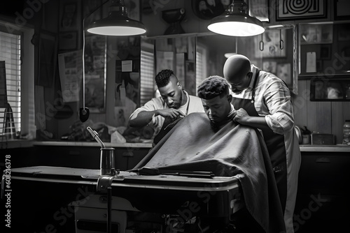A barber and his client in a local barbershop. Documentary style black and white photography. Generative AI © Mihai Zaharia