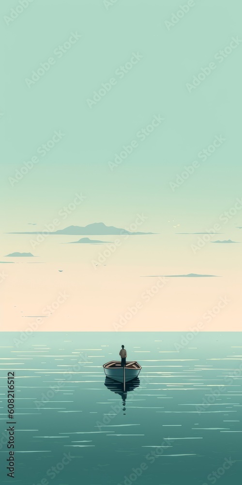 Fototapeta premium Boat with person in the ocean. Beautiful illustration picture. Generative AI