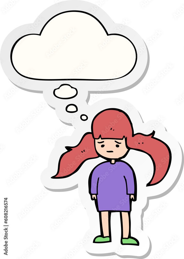 cartoon girl with long hair with thought bubble as a printed sticker cartoon girl with long hair with thought bubble as a printed sticker