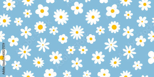 Trendy floral seamless pattern. Vintage 70s style hippie groovy flowers background. Colorful pastel colors. Vector y2k nature backdrop with daisy flowers.