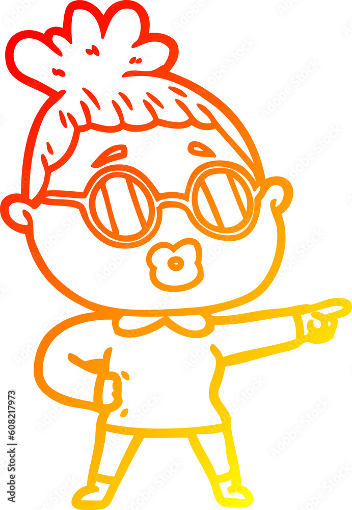 warm gradient line drawing of a cartoon pointing woman wearing spectacles warm gradient line drawing of a cartoon pointing woman wearing spectacles
