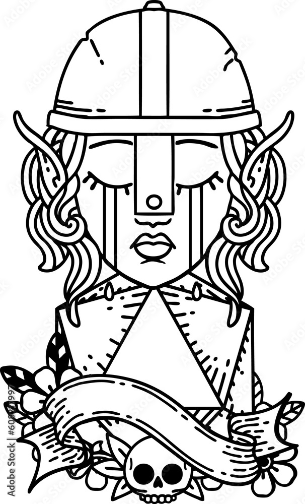 Black and White Tattoo linework Style crying elf fighter character face with natural one D20 roll Black and White Tattoo linework Style crying elf fighter character face with natural one D20 roll
