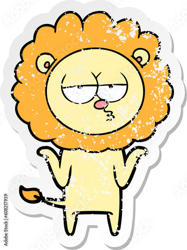 distressed sticker of a cartoon bored lion