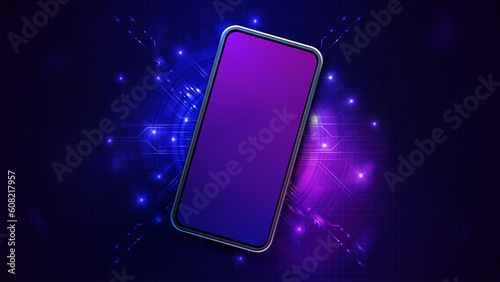 Background with smartphone on circuit board for product presentation, top view, 3d realistic vector illustration.