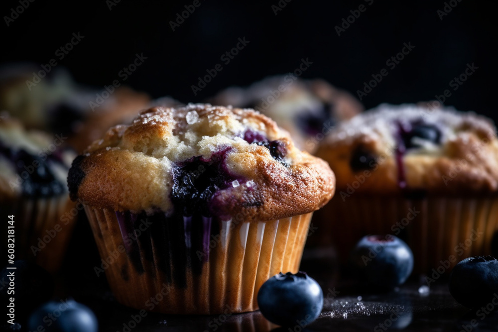 Blueberry muffin on wooden board, close up view. Generative AI Blueberry muffin on wooden board, close up view. Generative AI