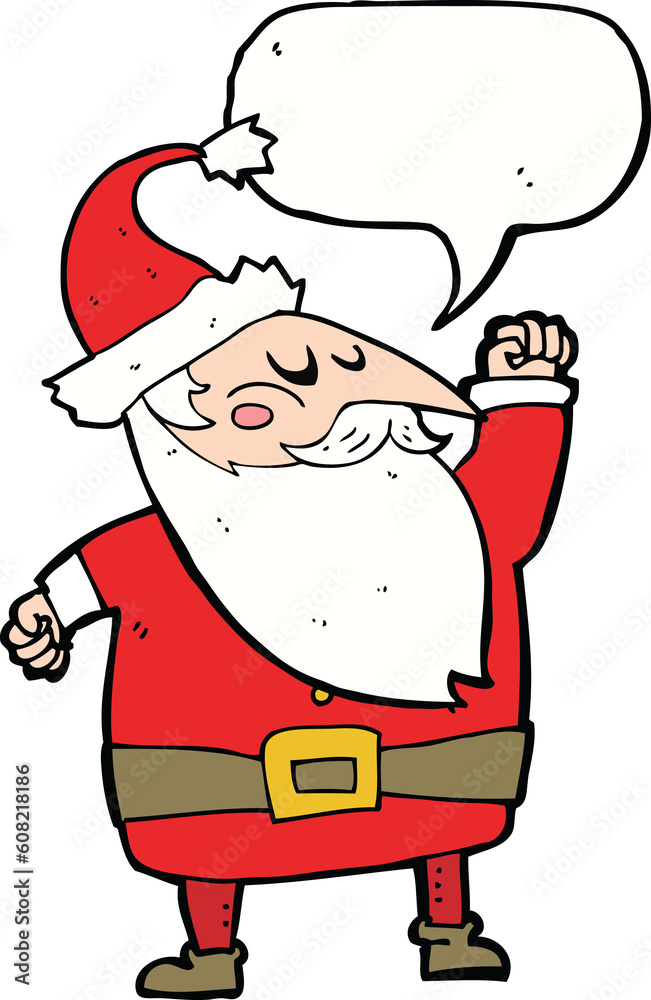 cartoon santa claus punching air with speech bubble