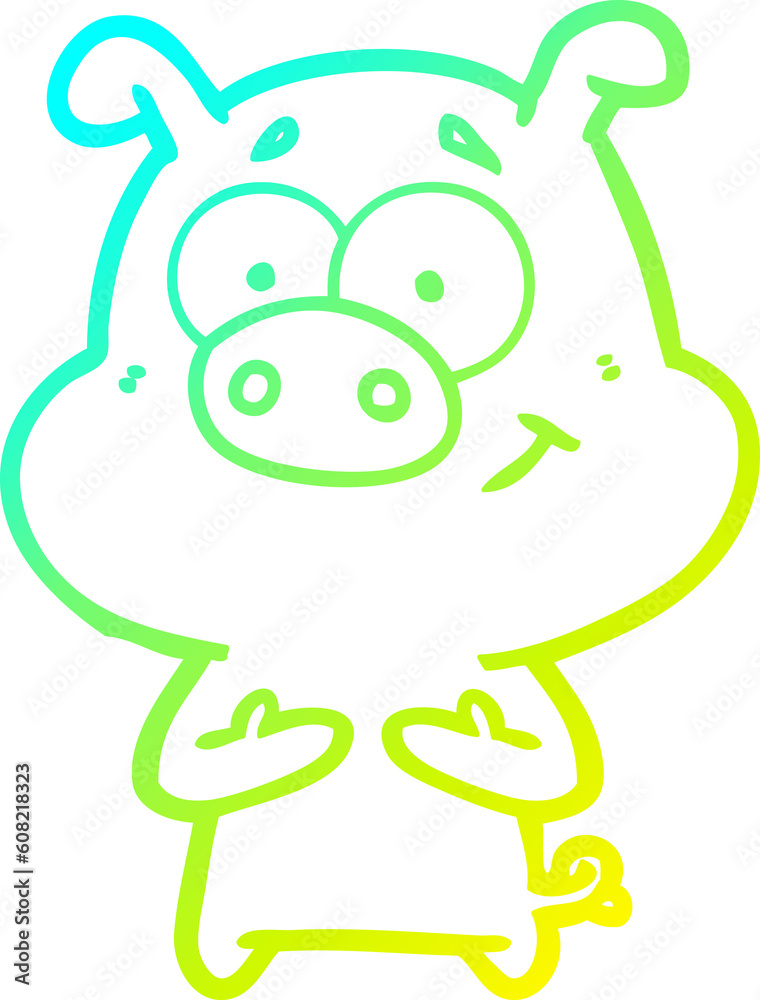 cold gradient line drawing of a happy cartoon pig