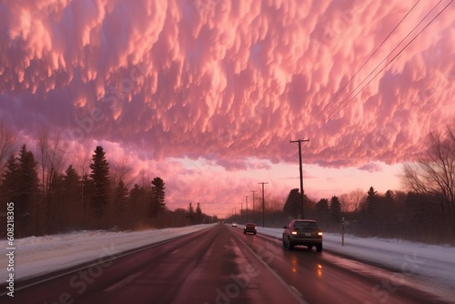 Road with cars that driving, pink clouds. Beautiful illustration picture. Generative AI © standret