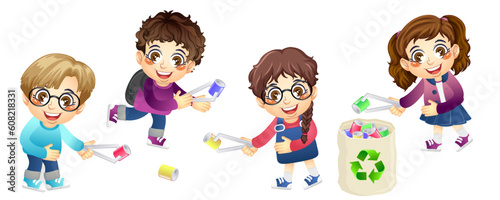 Cute boy and girl do collecting for cans for recycling, safe earth, print, artwork, doodle, vector illustration (Vector)