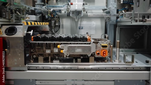 Close up of manufacturing car parts. Automobile industry. Car factory assembly line engineering 