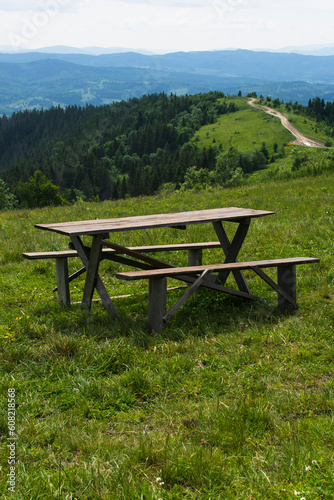 Wooden table for picnics, and benches among greenery high in the mountains in summer.