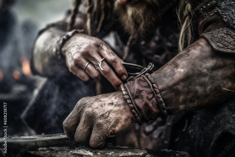 Close up view of viking hands that is sitting. Beautiful illustration picture. Generative AI