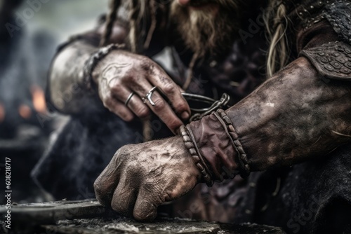 Close up view of viking hands that is sitting. Beautiful illustration picture. Generative AI