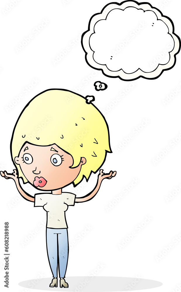 Obraz premium cartoon woman raising hands in air with thought bubble