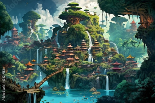 Whimsical and dreamlike landscape of floating island. Beautiful illustration picture. Generative AI