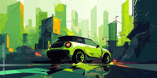 Trend illustration car in the city, interesting angle, vector style. AI