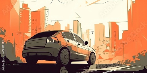 Trend illustration car in the city, interesting angle, vector style. AI