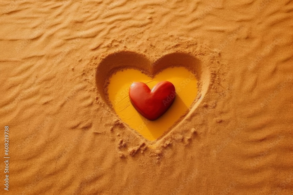 Red heart sign in yellow sand. Generative AI Red heart sign in yellow sand. Generative AI