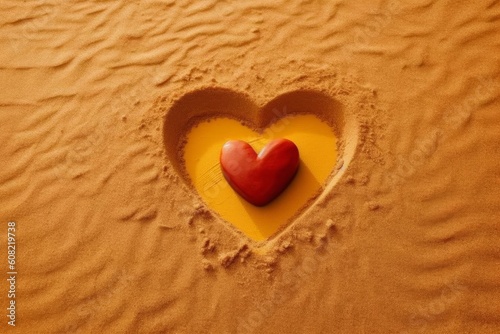 Red heart sign in yellow sand. Generative AI