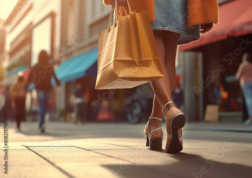 Close up of woman`s hand holding shopping bags while walking on the street. generative ai © Werckmeister
