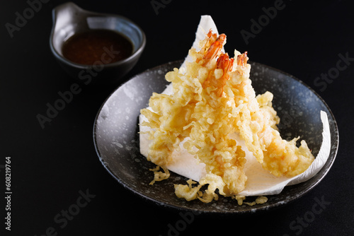Shrimp tempura Japanese food isolated on a black background
