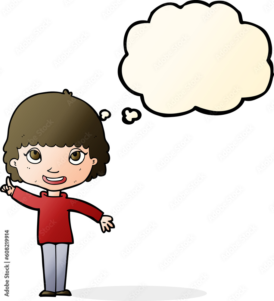 cartoon woman with idea with thought bubble cartoon woman with idea with thought bubble
