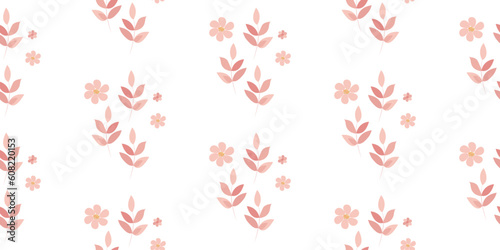 Seamless pattern with delicate simple flowers and foliage sprigs in pink tones for fabric and paper decor.
