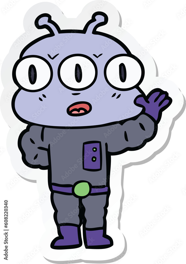 sticker of a cartoon three eyed alien