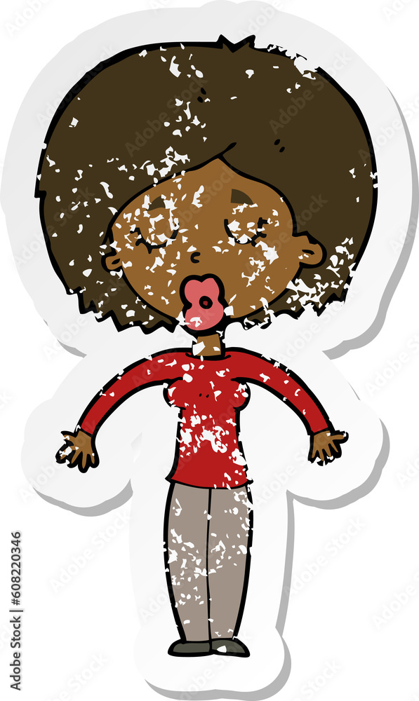retro distressed sticker of a cartoon woman with closed eyes retro distressed sticker of a cartoon woman with closed eyes