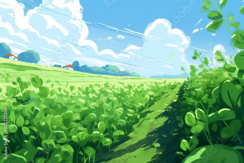 Anime style green field. Beautiful illustration picture. Generative AI