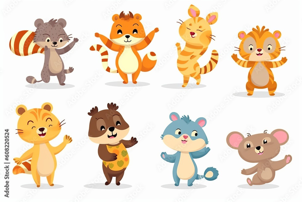 Many of the animals in cartoon style. Baby bear, tiger, lion, monkey, penguin, raccoon. Beautiful illustration picture. Generative AI Many of the animals in cartoon style. Baby bear, tiger, lion, monkey, penguin, raccoon. Beautiful illustration picture. Generative AI