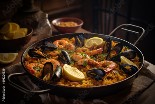 Seafood paella on wooden table. Moody light. Generative AI