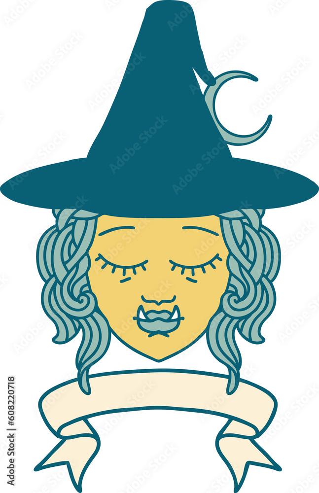 Retro Tattoo Style half orc witch character face with banner Retro Tattoo Style half orc witch character face with banner