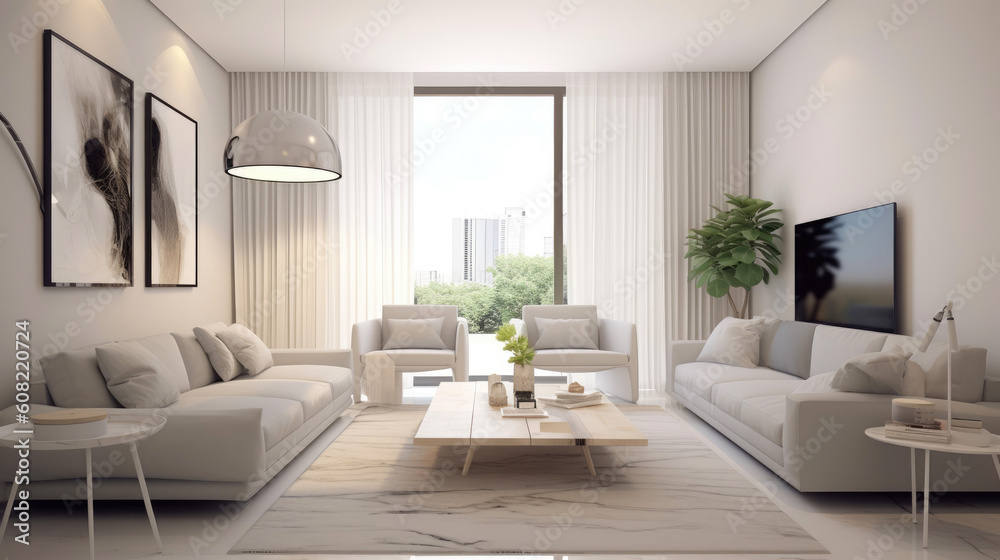 Fototapeta premium Spacious living area with clean lines, a neutral color palette, and uncluttered surfaces. Generative AI