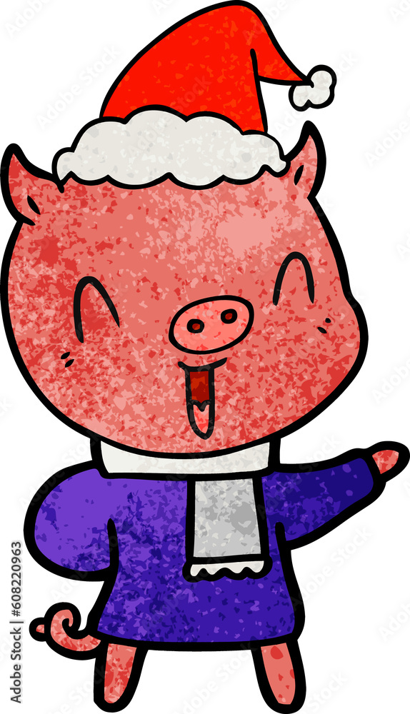 happy hand drawn textured cartoon of a pig in winter clothes wearing santa hat happy hand drawn textured cartoon of a pig in winter clothes wearing santa hat