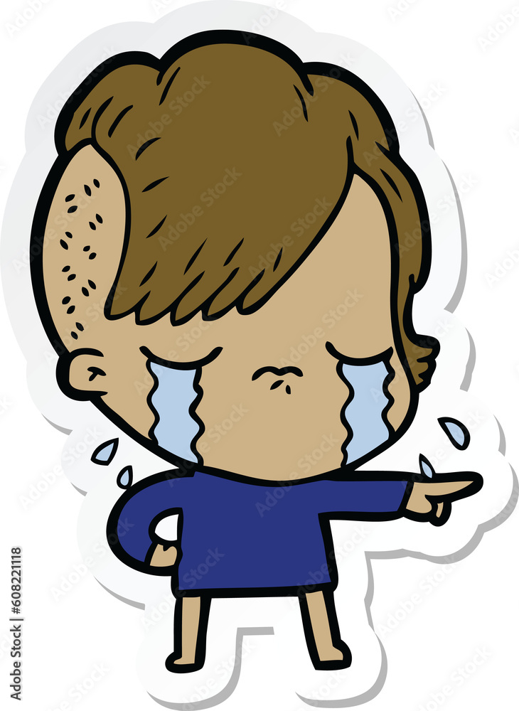 sticker of a cartoon crying girl accusing sticker of a cartoon crying girl accusing