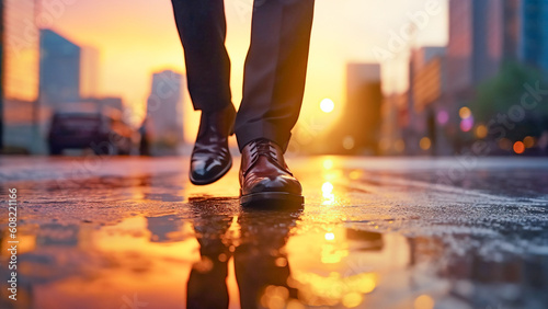 businessman walks with patent leather shoes over the puddles of a rainy street of a city, generative AI