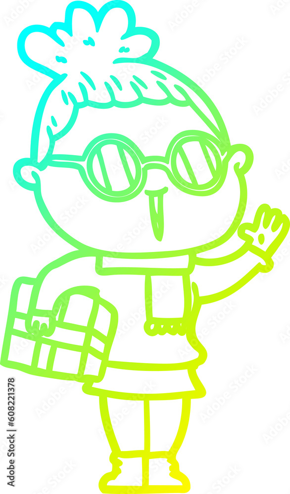 cold gradient line drawing of a cartoon woman wearing spectacles cold gradient line drawing of a cartoon woman wearing spectacles