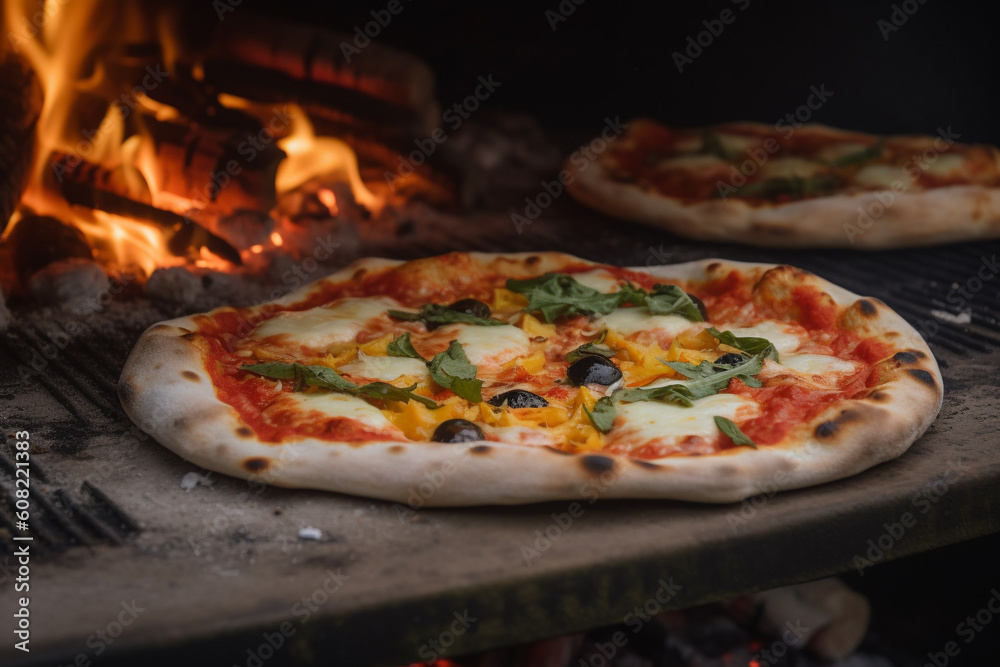 Pizza in wood fired oven. Flames and smoke. Generative AI Pizza in wood fired oven. Flames and smoke. Generative AI