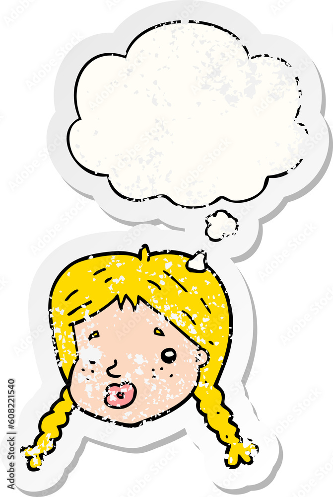 cartoon girls face with thought bubble as a distressed worn sticker cartoon girls face with thought bubble as a distressed worn sticker