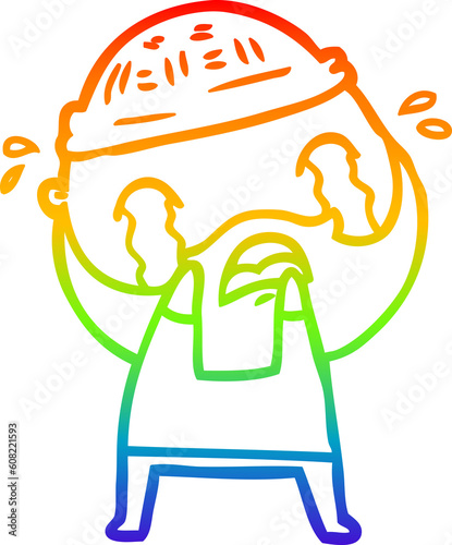 rainbow gradient line drawing of a cartoon bearded man crying