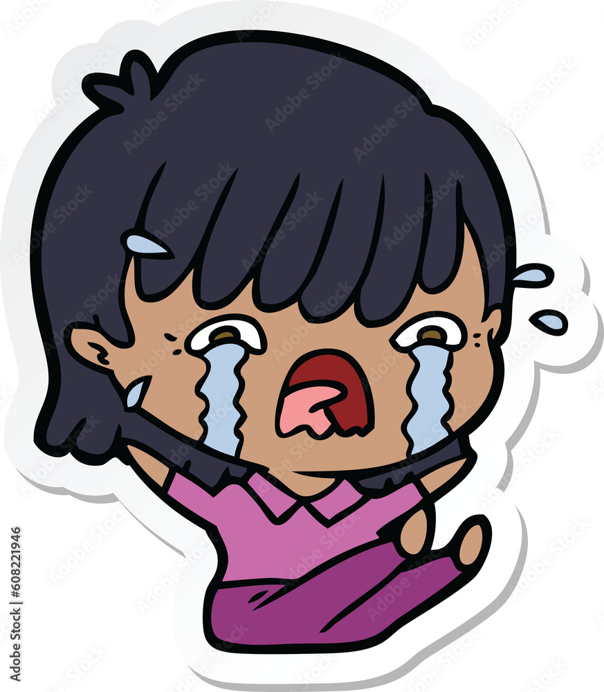 sticker of a cartoon girl crying